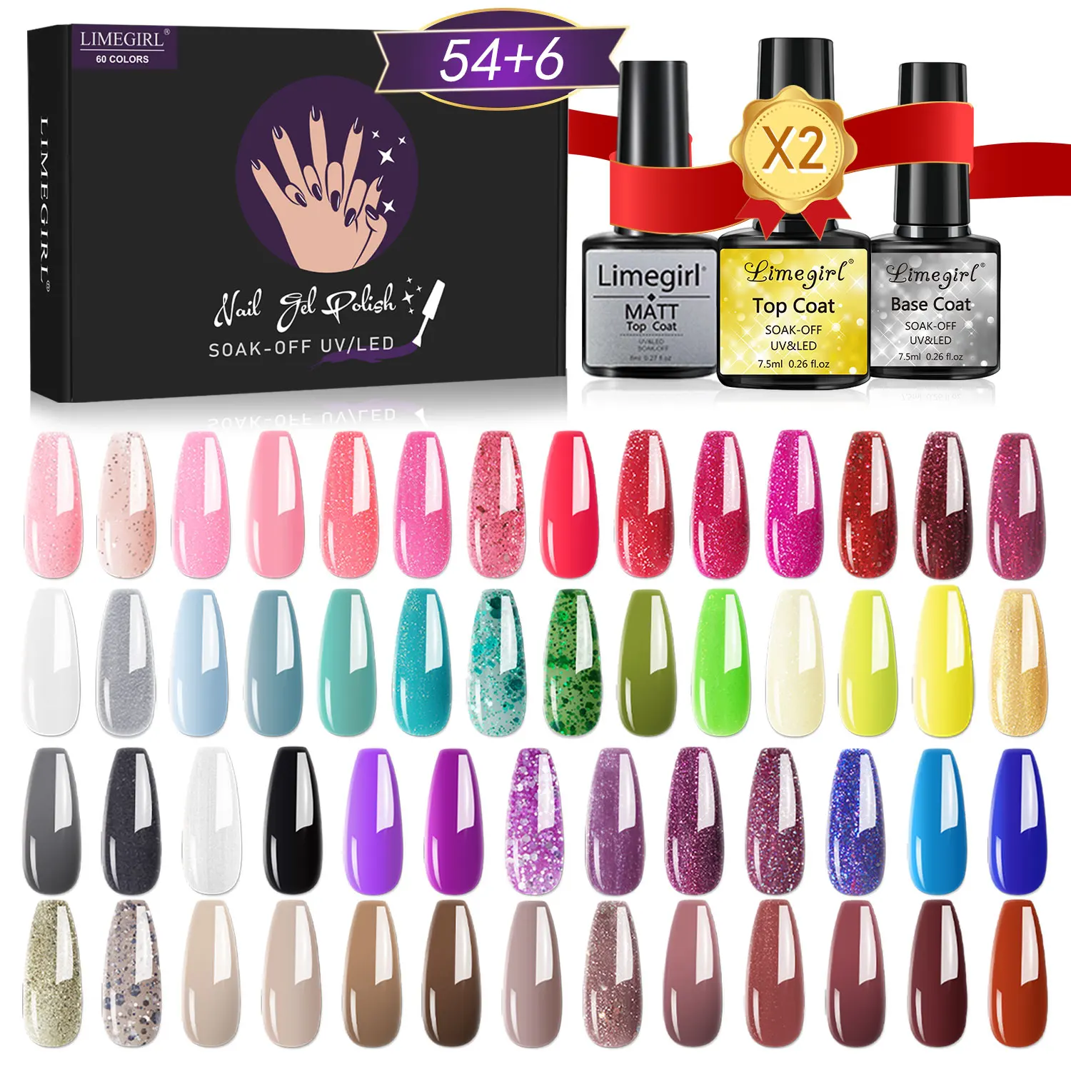 LIMEGIRL 60-teiliges Gel-Nagellack-Set, semi-permanenter UV-LED-Nagellack, Hybrid-Gel-Kit, Basislack Image