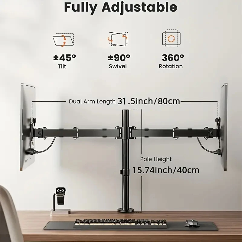 Dual-Monitorständer für 14-27 Zoll LCD-LED-Bildschirme, ergonomisches Hochleistungs-Arm-Design, 22 LBS Tragkraft, VESA 400x400mm Neigung, Schwenkung, Rotation Image