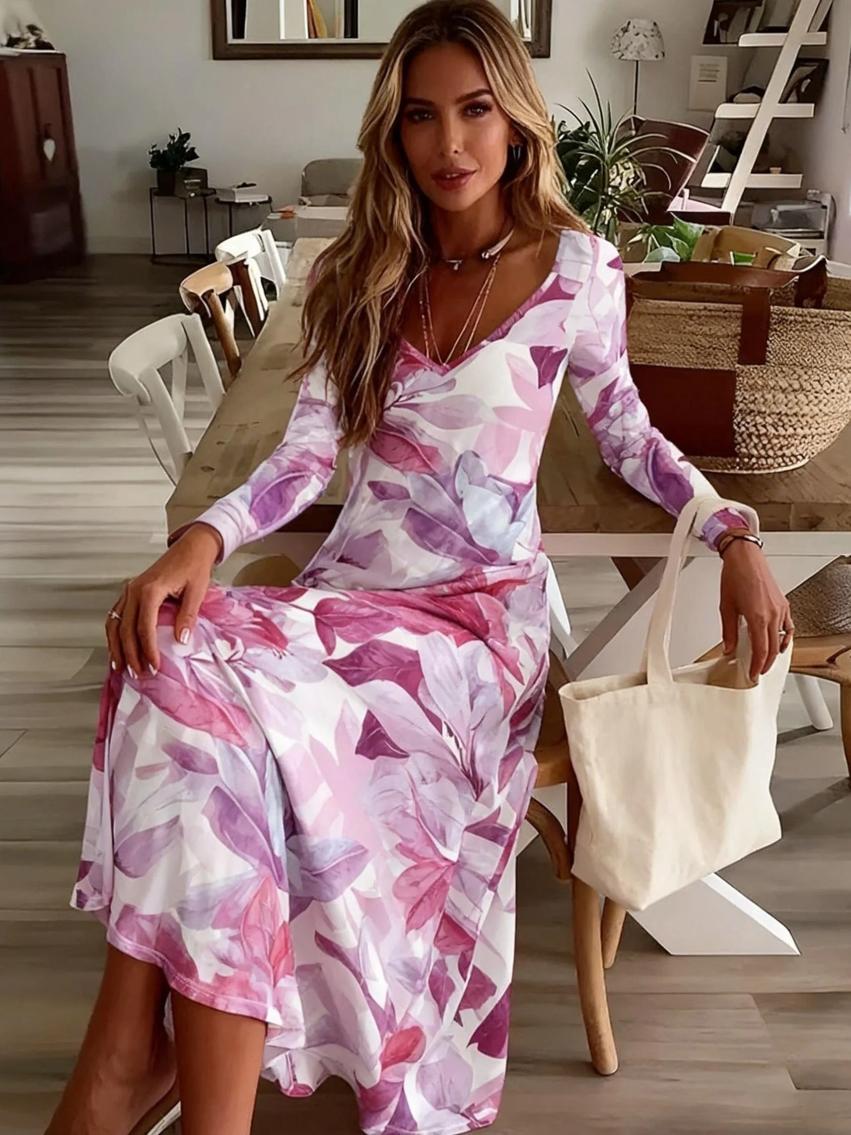Damen Langarm V-Ausschnitt Kleid Lässiges Sommer-Urlaubskleid A-Linie Midikleid Elastische Taille Fließende Ärmel Elegante Bürokleidung Image