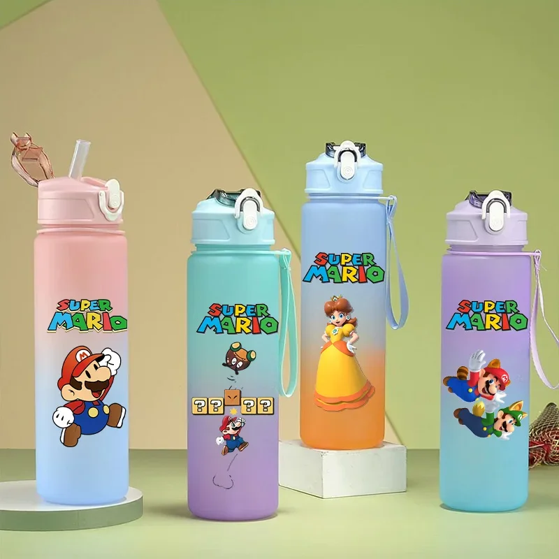 750ML Super Mario Bros Tragbare Cartoon-Trinkflasche mit Farbverlauf und Henkel für Studenten, auslaufsichere Sportflasche aus Kunststoff mit großem Fassungsvermögen für Erwachsene Image