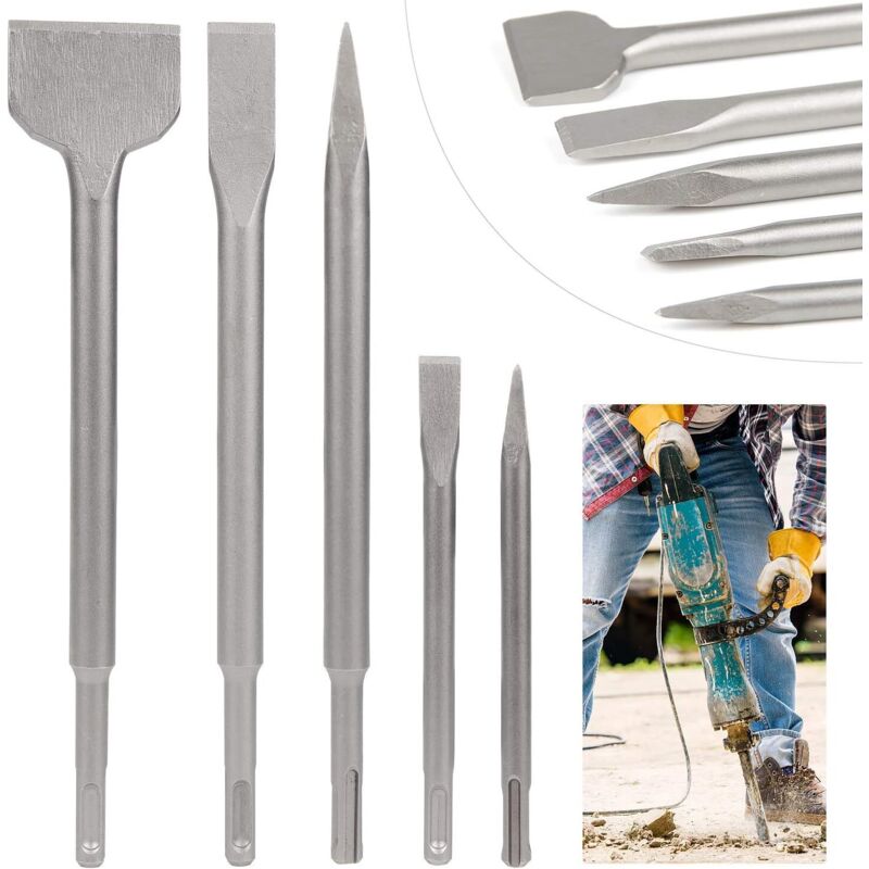 Set Di 5 Scalpelli Sds Con 2 Scalpelli A Punta E 3 Scalpelli Piatti Per Foratura Del Calcestruzzo - Rwdiy ›utensili Manuali Ed Elettrici›utensili Manuali ›scalpelli› Set Di Scalpelli