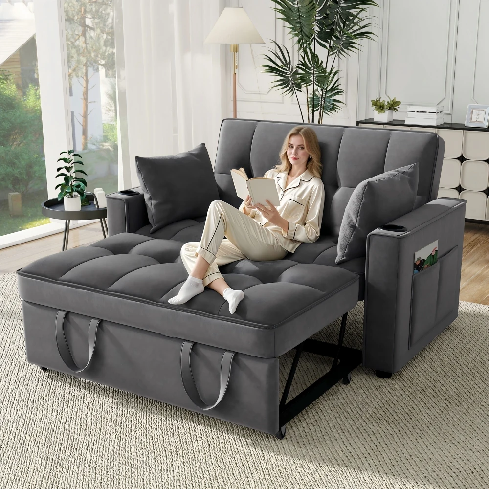 Klappbares Schlafsofa, Multifunktionales Sofa mit Schlaffunktion, Schlafsofa mit Getränkehalter & Kissen, für Wohnzimmer, Heimkino Image