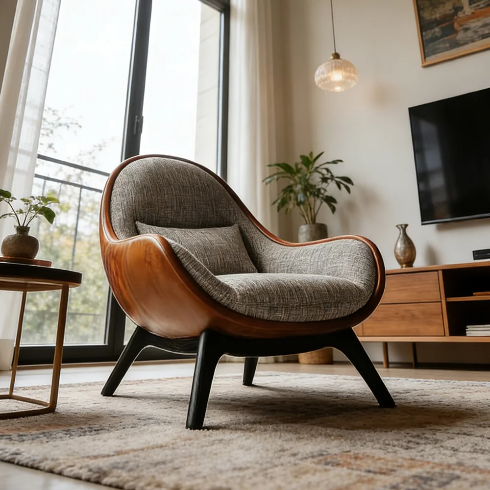 klNordic minimalistischer Loungesessel mit Massivholzrahmen, gepolsterter grauer Stoff-Lesesessel, Möbel im skandinavischen Stil, Gelegenheitsstühle! Image