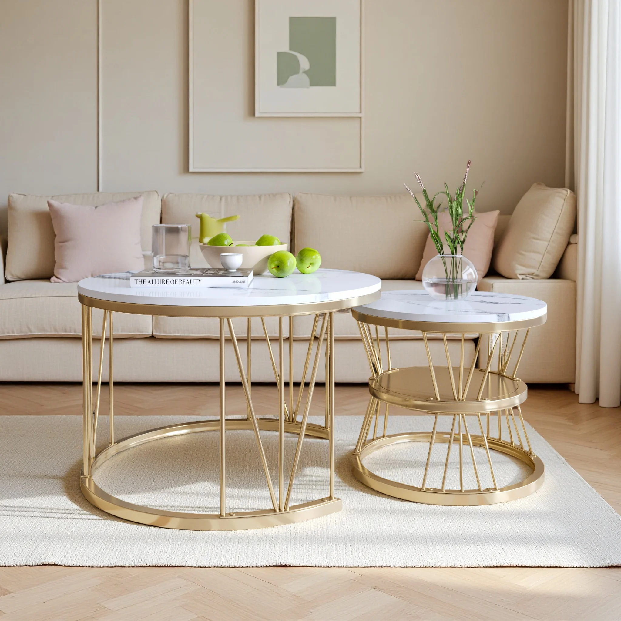 Rosahqnda Couchtisch (2er-Set), runder Marmor-Sofatisch, Tischset mit Metallgestell, Wohnzimmer, Balkon, Büro-Beistelltisch