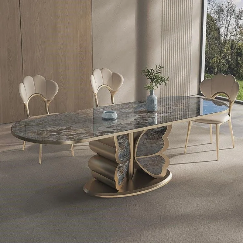 | Luxuriöser Moderner Esstisch mit Marmorplatte in Schmetterlingsform und Goldenem Edelstahlrahmen für Zuhause und Apartment, 6/8/10 Sitzplätze Image