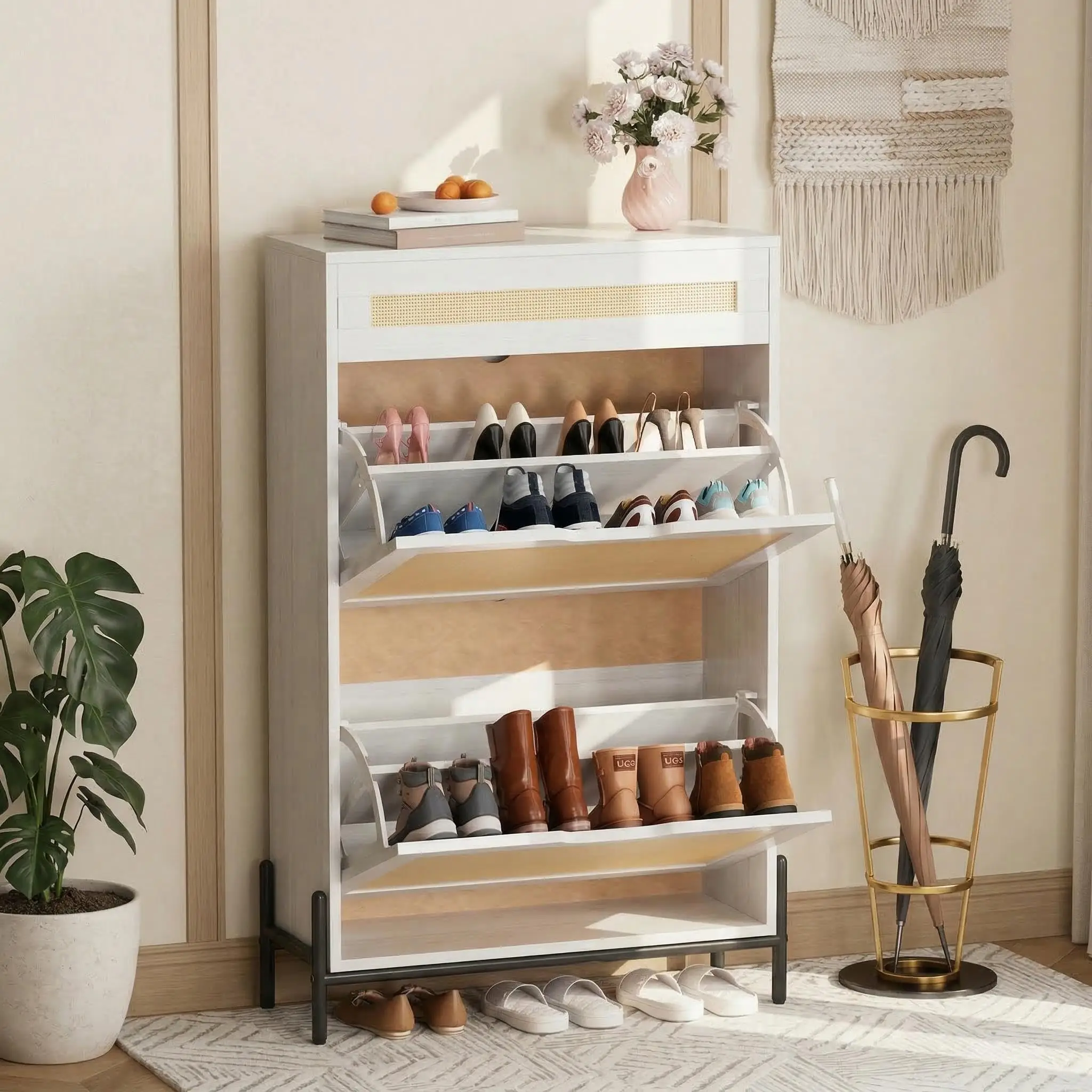 Moderner Schuhschrank mit Schublade und 2 Falttüren, geräumiger Schuhschrank aus Holz für den Eingangsbereich Image