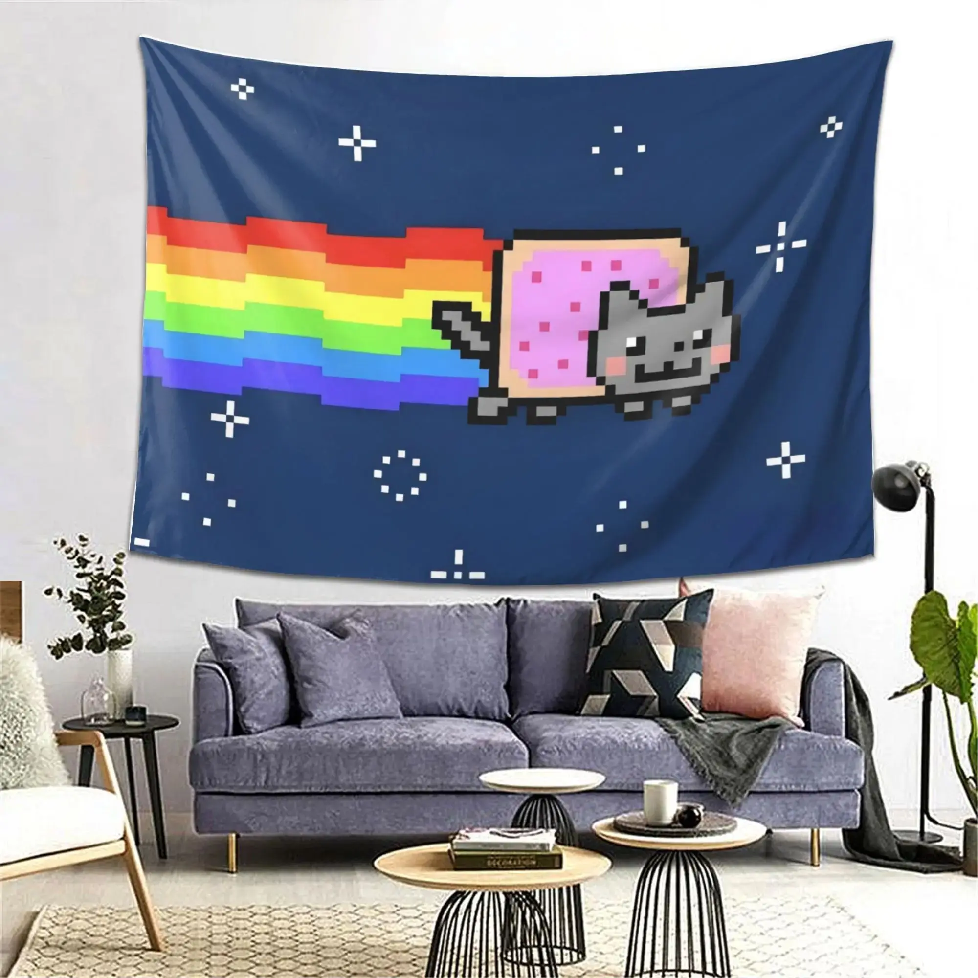 VIKAMA Pixel-Art-Katzen-Wandteppich, niedliches Kätzchen-Wandbehang für Schlafzimmer, Gaming-Raum, Wohnheim, Wohnzimmer, Party, ästhetische Heimdekoration Image