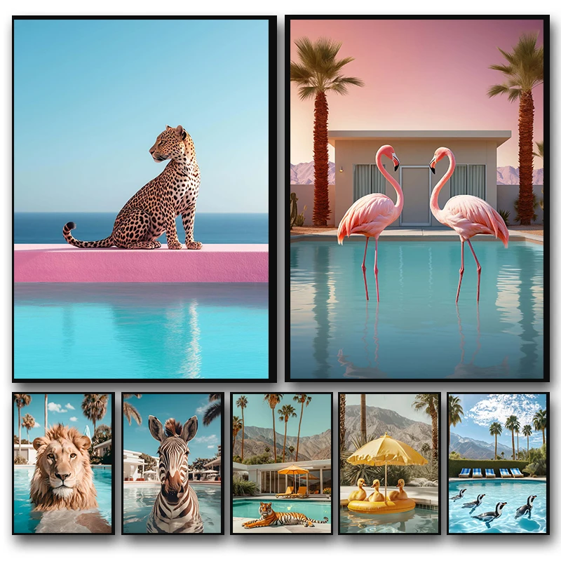 Leoparden, Pinguine, Zebras, Flamingos, Löwen, Schweine im Schwimmbad Poster Druck Wandkunst Bild Diamantmalerei Raumdekoration Geschenk Image