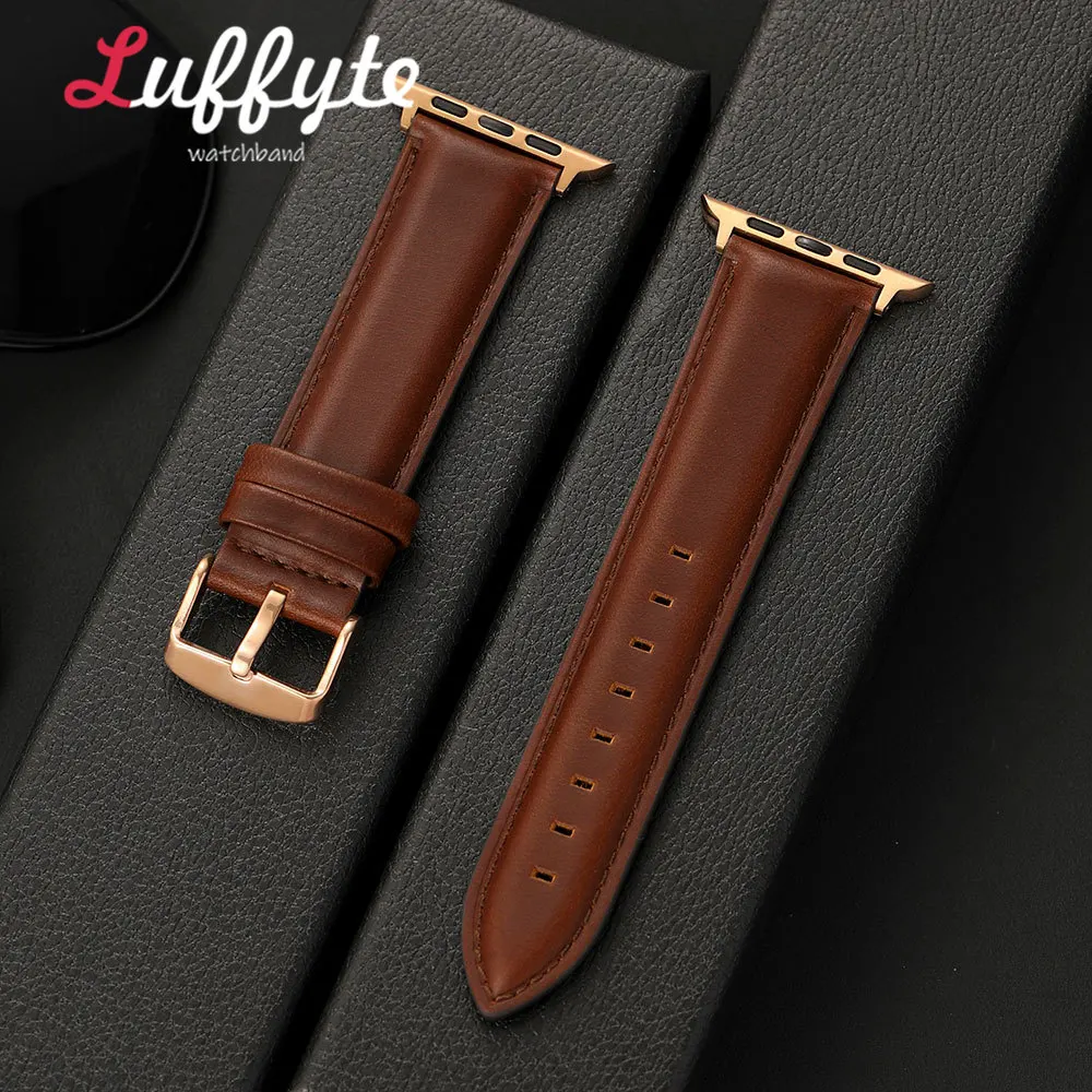 Damen-Uhrenarmband aus echtem Leder für Apple Watch 1-11 Ultra SE für iwatch 38 mm-49 mm Retro-Armband mit roségoldener Schnalle Image