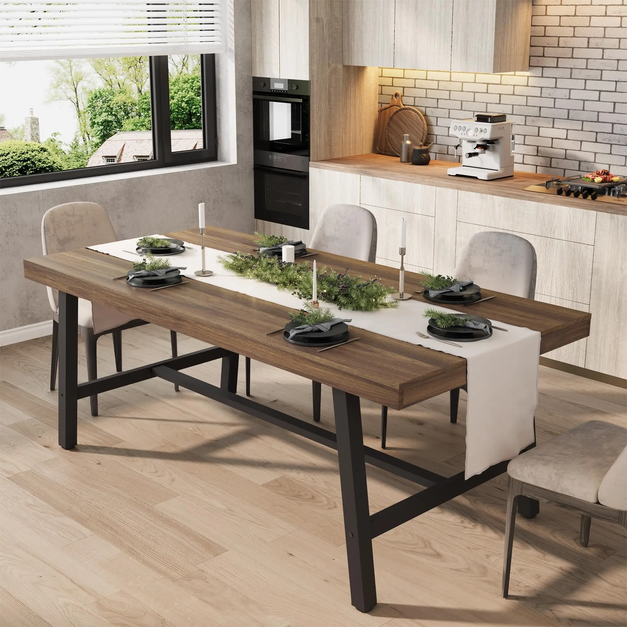 Industrieller Esstisch für 6–8 Personen, rechteckiger Küchentisch aus Holz mit robusten Metallbeinen für Küche und Wohnzimmer