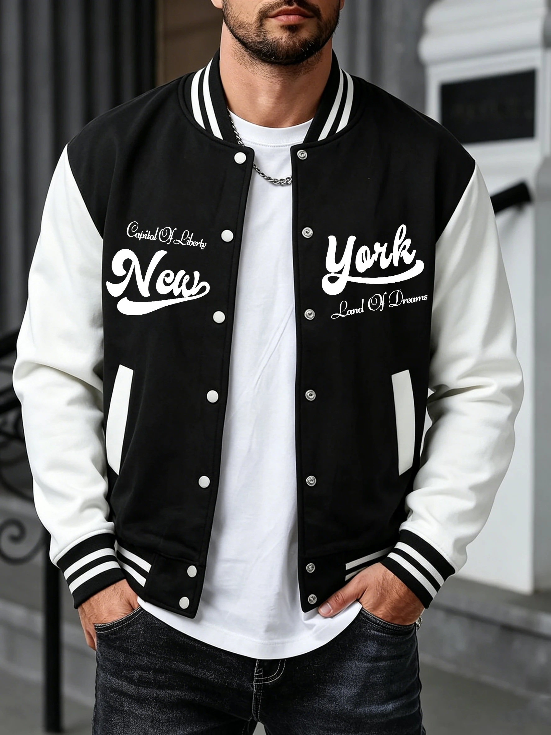 New York Land Of Dreams Print Herren-Herbst-Winterjacke, modisch, bequem, Streetwear, trendige Basics, Baseball-Uniform, warmes Streetwear-Oberteil