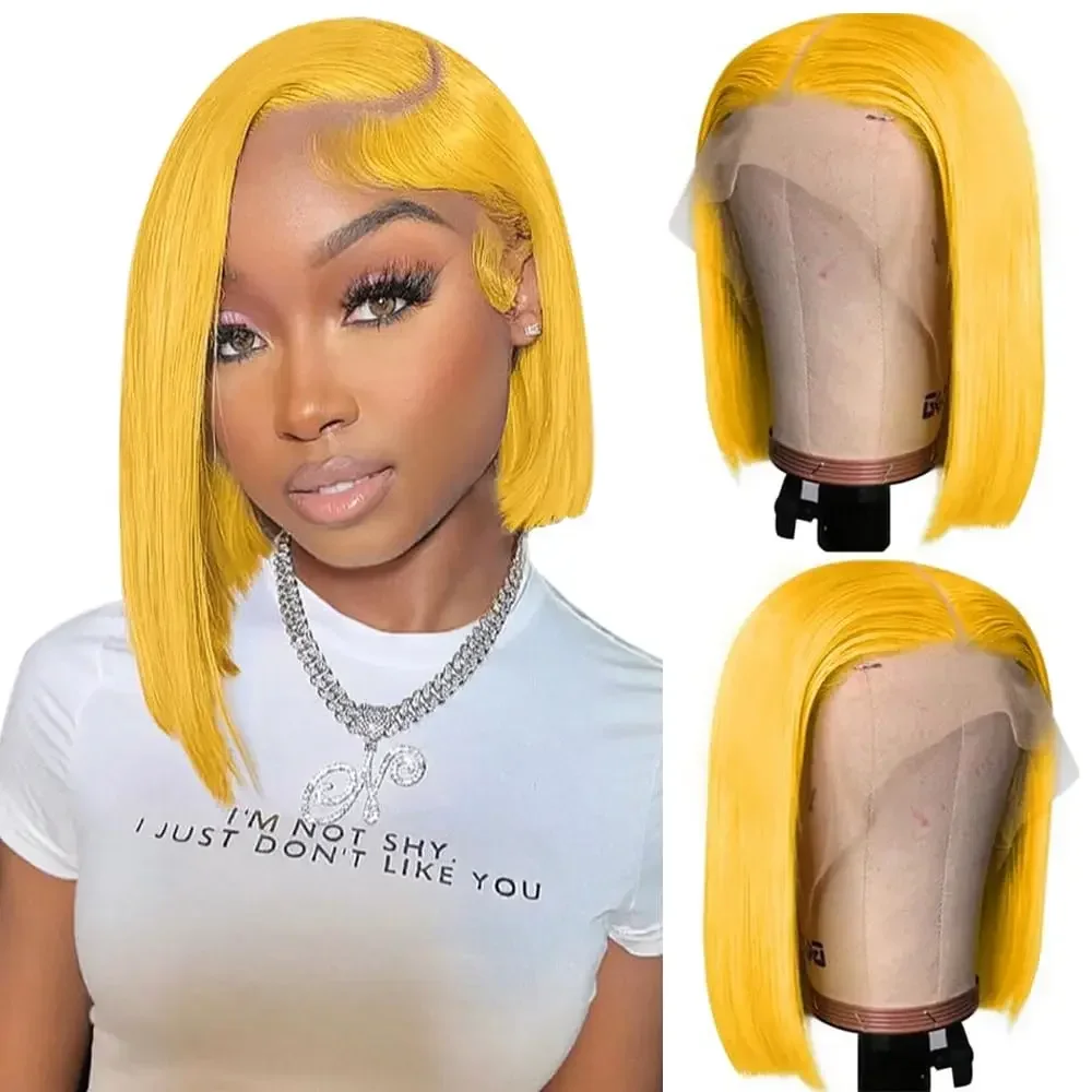  Gelbe Kurze Bob Echthaar-Perücken 13x6 Lace Frontal Perücke Farbige Echthaar-Perücken 100% Schöne Mädchen tragen tolle Kleidung HD Image