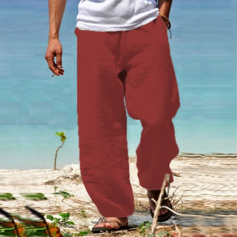 Sommer Herren Einfarbige Leinenhose mit Mehreren Taschen Gerade Geschnittene Freizeithose Übergröße Atmungsaktiv Bequem mit Kordelzug Lose Hose Image