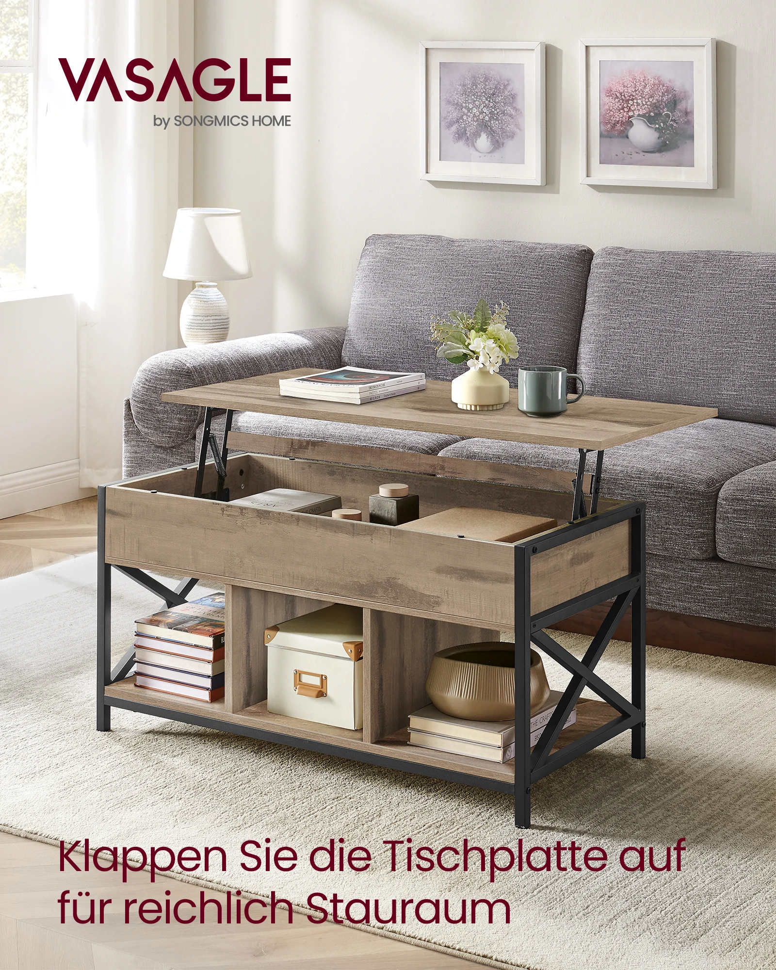 VASAGLE Couchtisch, höhenverstellbarer Wohnzimmertisch, Kaffeetisch, mit verstecktem Stauraum und offenen Fächern, Stahlgestell