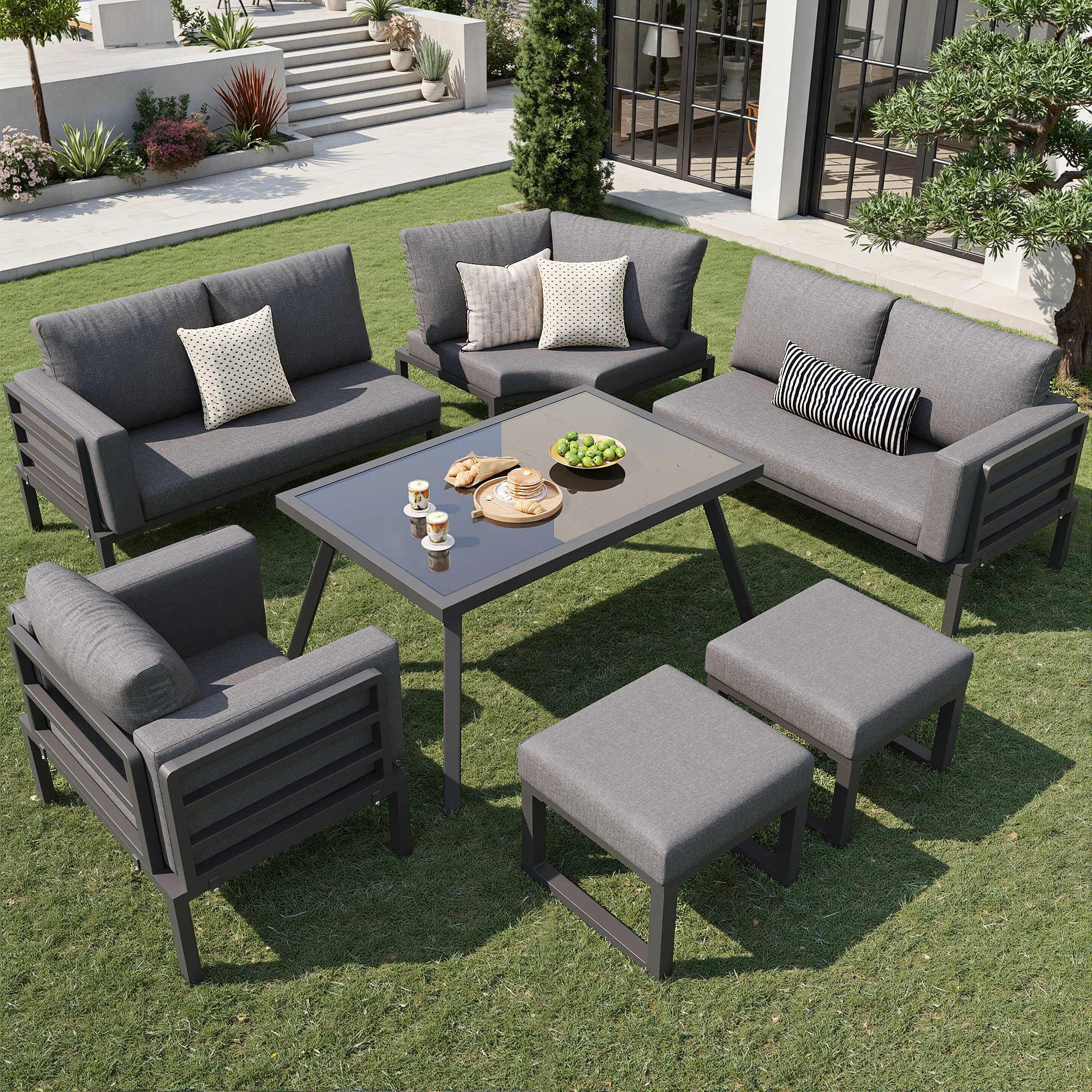 MODFU Gartensofa Set L-förmig mit Sessel und 2 Hockern, Sitzgruppe mit Glastisch für Balkon und Garten, Grau