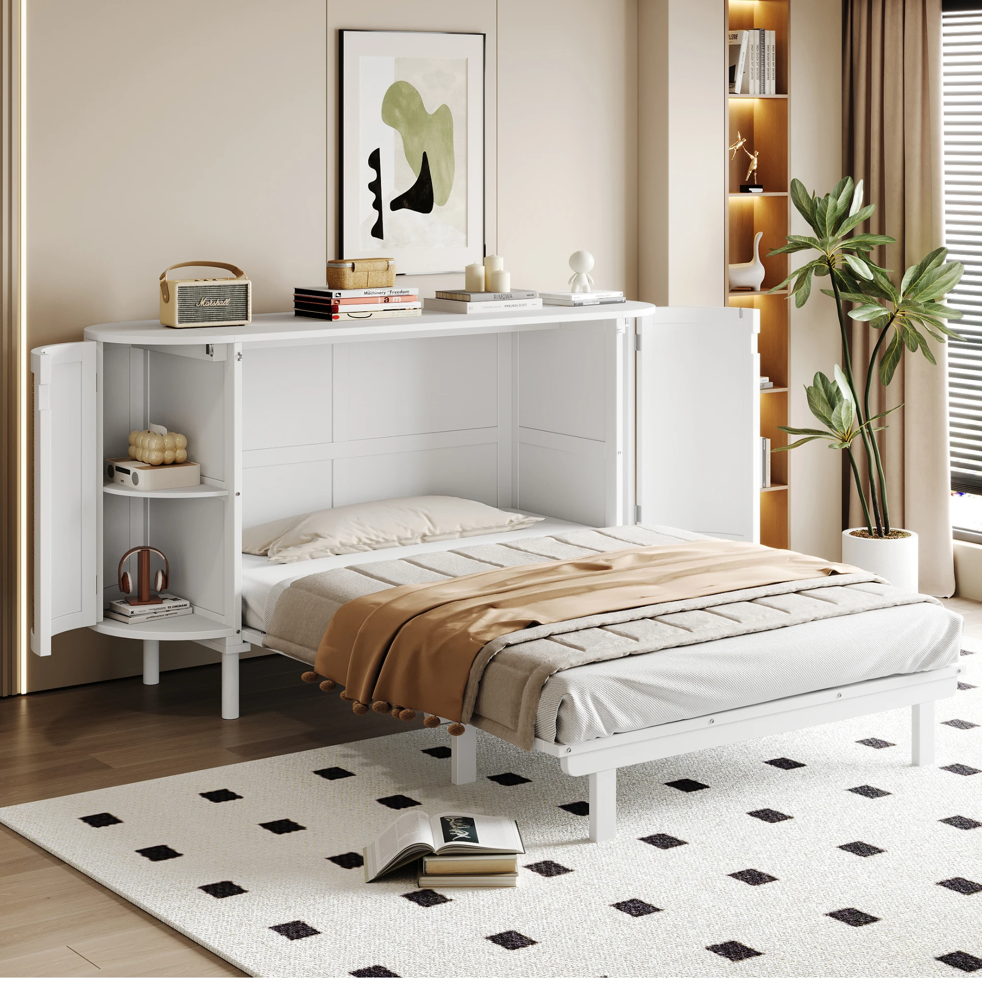 MODFU Schrankbett 140x200 mit seitlichen Staufächern & Lattenrost, Weiß