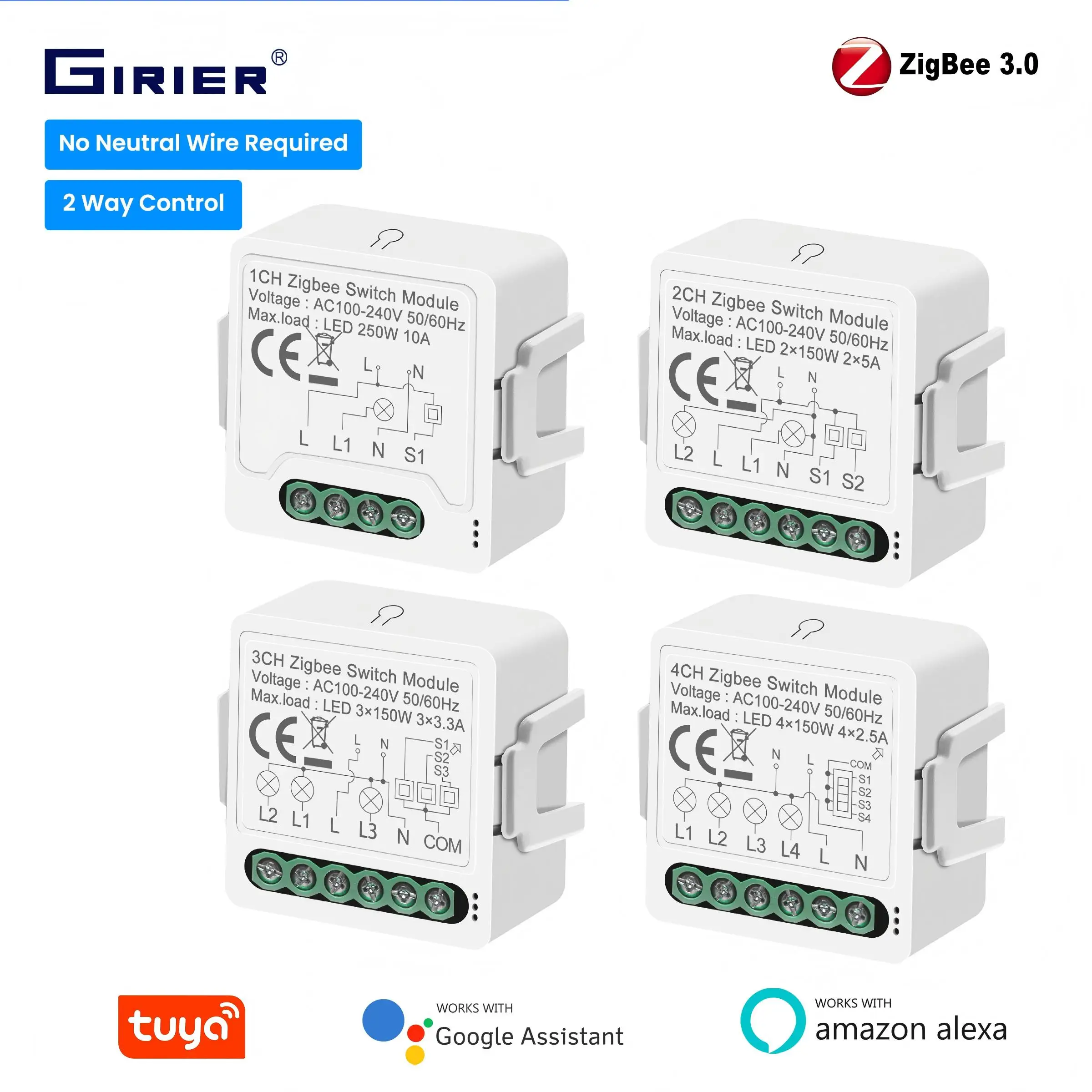 GIRIER Tuya ZigBee 3.0 Schaltmodul 10A Smart Home DIY Schalter 1 2 3 4 Kanal Unterstützt 2-Wege-Steuerung Kompatibel mit Alexa Google Home Image