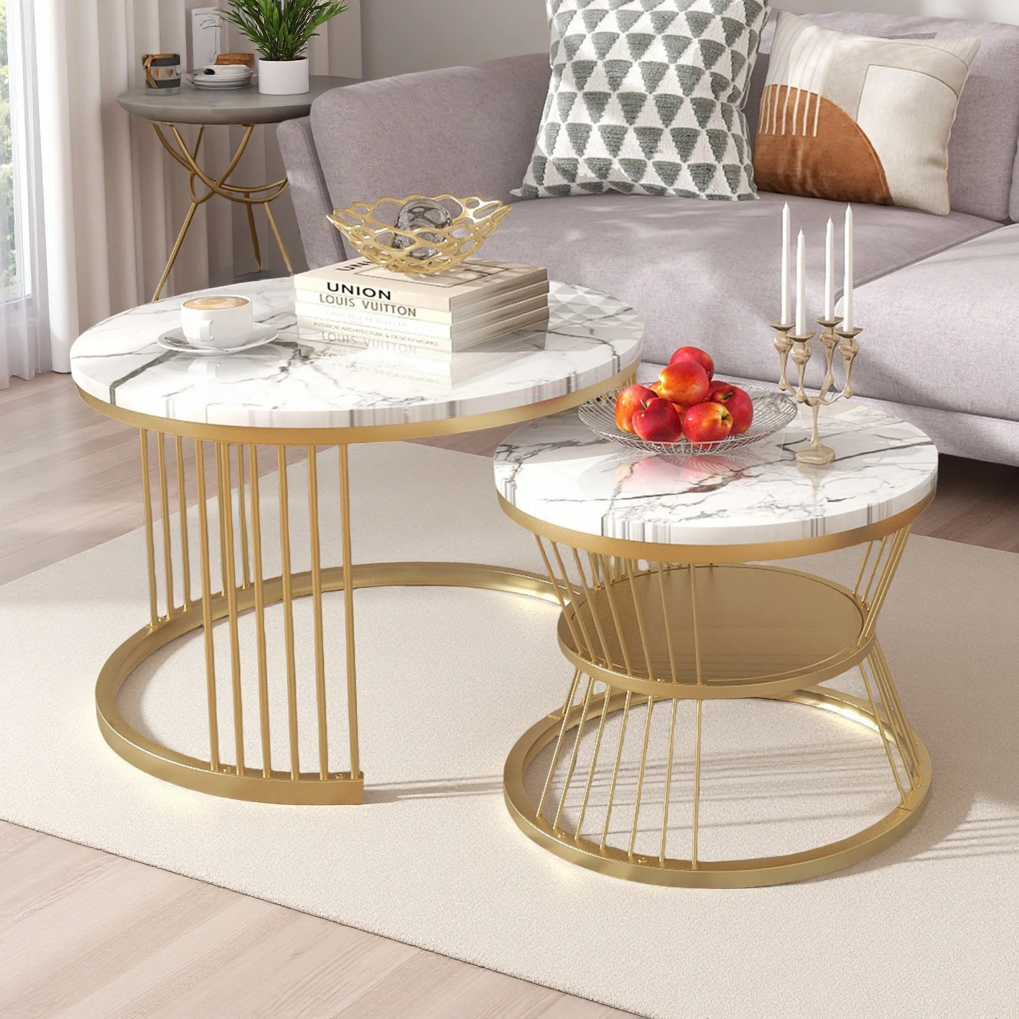 Rosahqnda Runder Couchtisch, 2-stufiger runder Tisch mit Metallrahmen, 2er-Set, Sofa-Beistelltisch für Wohnzimmer, Heimbüro, Gold, Schwarz Image