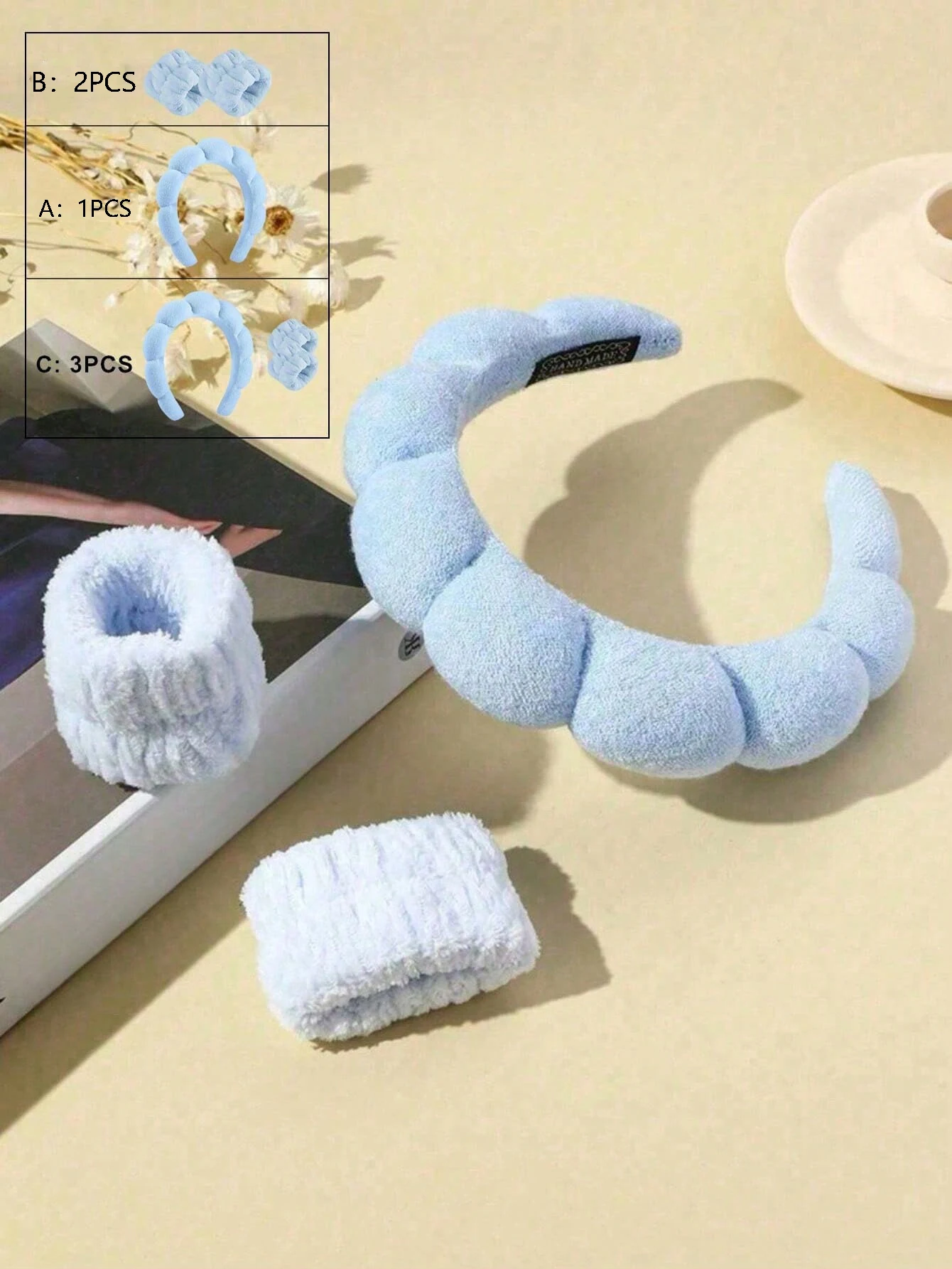 1 Stück/2 Stück/3 Stück blaues Dusch-Stirnband- und Armband-Set aus Mikrofaser für Gesichtswäsche und Make-up, Bad, Geschenke für Mädchen Image