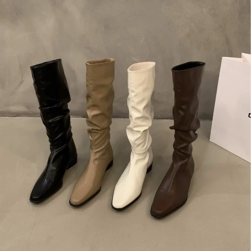 Retro spitze, dicke, lange Röhrenstiefel für Damen, neue Frühlings-elegante, einfache Stapelstiefel, modische, vielseitige Damenschuhe