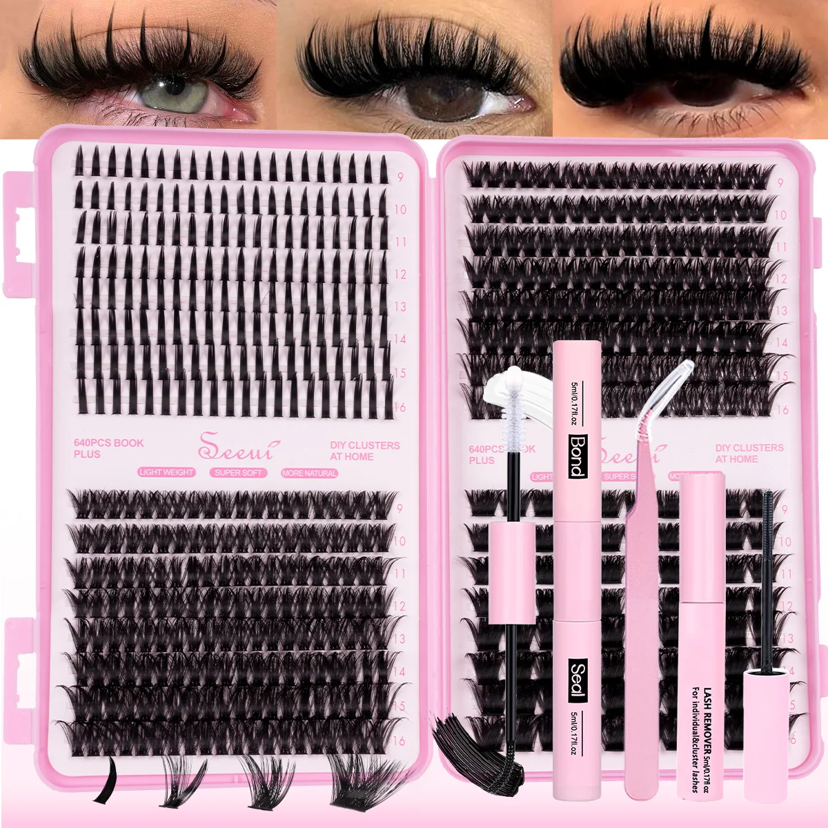 DIY Wimpern-Cluster-Set für Weichen, Natürlichen Look, Wimpernverlängerungs-Kit, Wispy Lashes mit Wimpernkleber und -versiegelung, Wimpernpinzette für Make-up Image