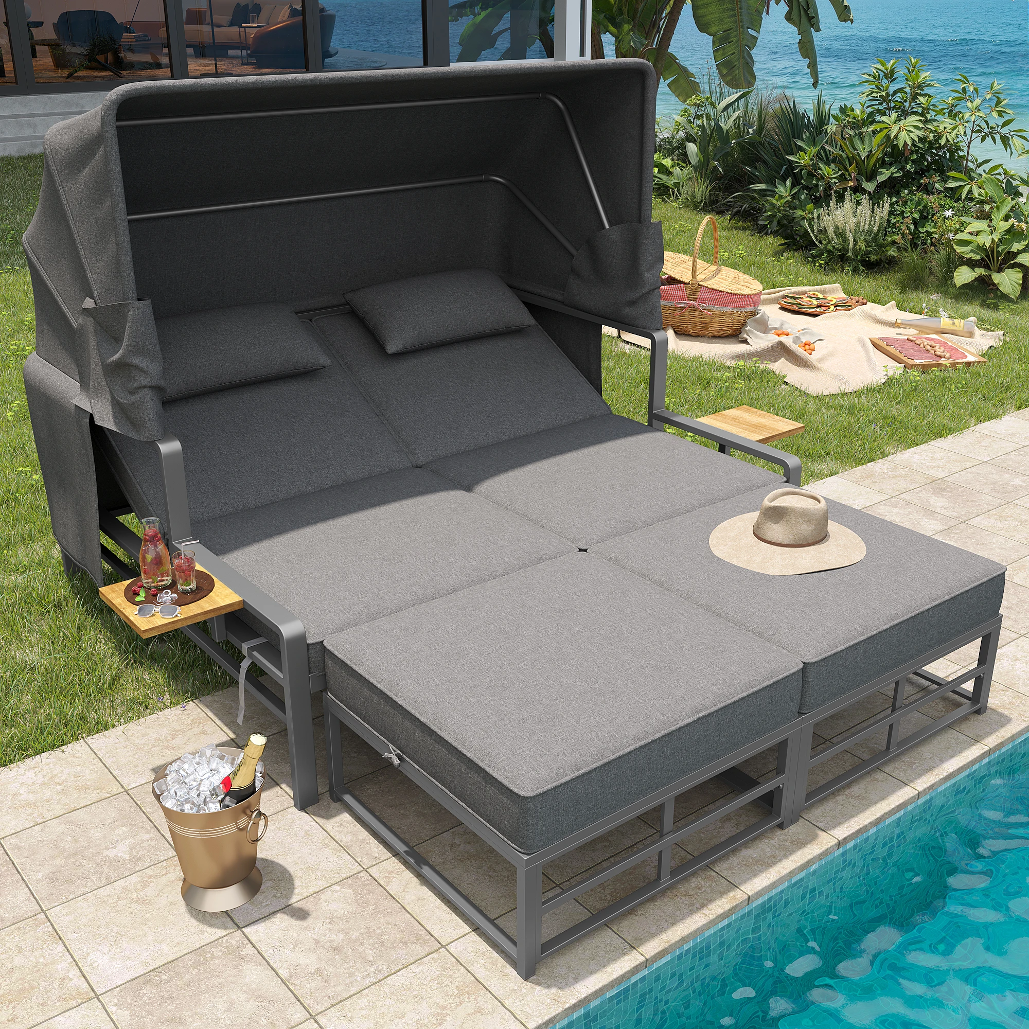 Garten-Lounge-Set für 2-4 Personen, Sonnenliege mit klappbarem Sonnendach, Outdoor-Sofa für Terrasse oder Balkon.