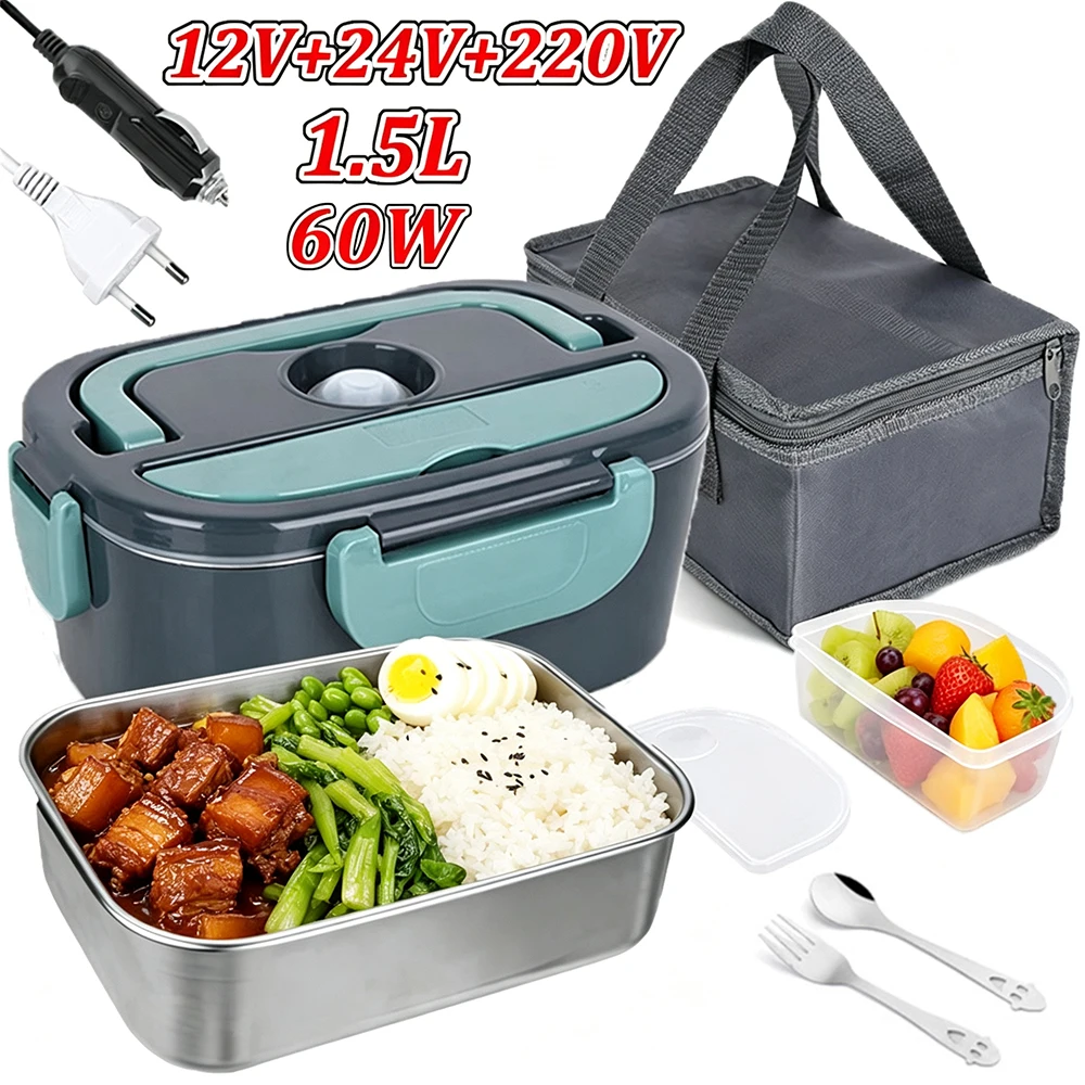 Boîte à lunch électrique 1,5 L 60 W, chauffe-plat portable pour voiture ou maison, anti-fuite, chauffe-plat pour camionneurs