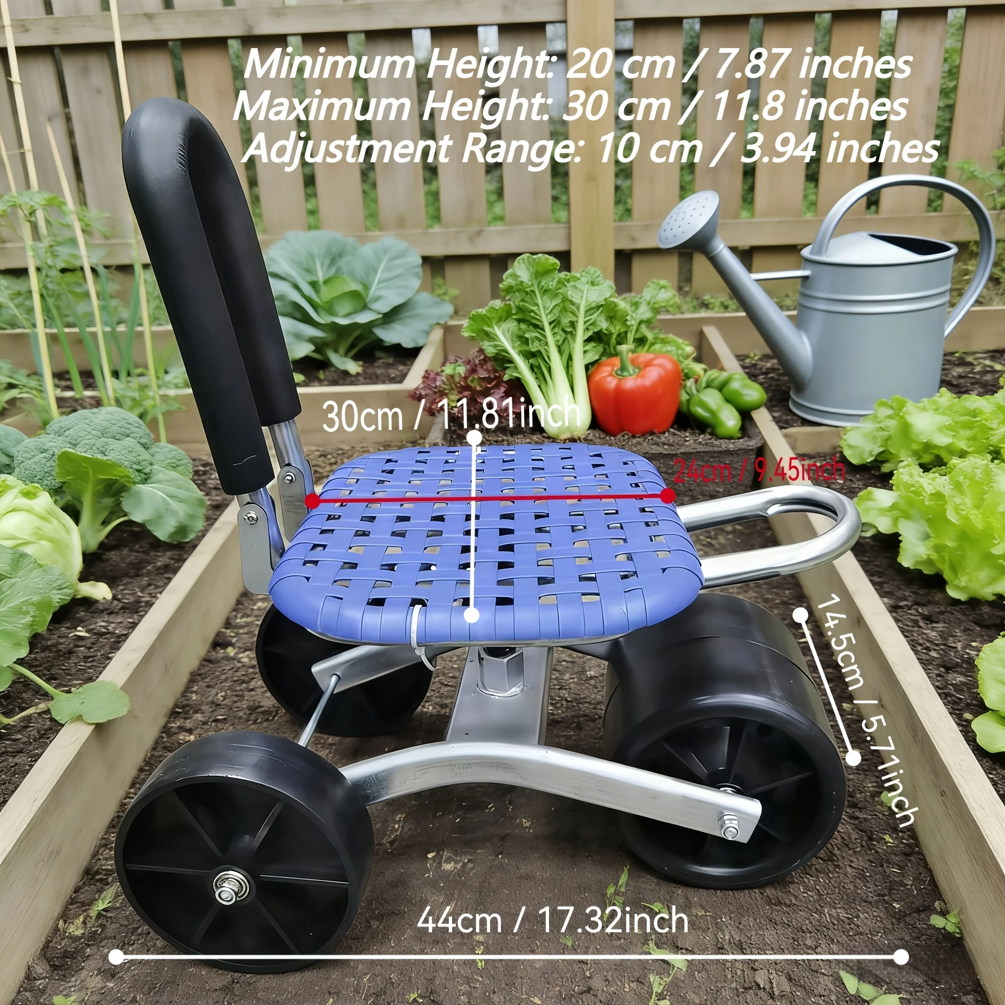 Chariot de jardin roulant avec siège, hauteur réglable, 360° ° Tabouret de jardinage robuste à roulettes pivotantes pour la plantation et les travaux de jardinage