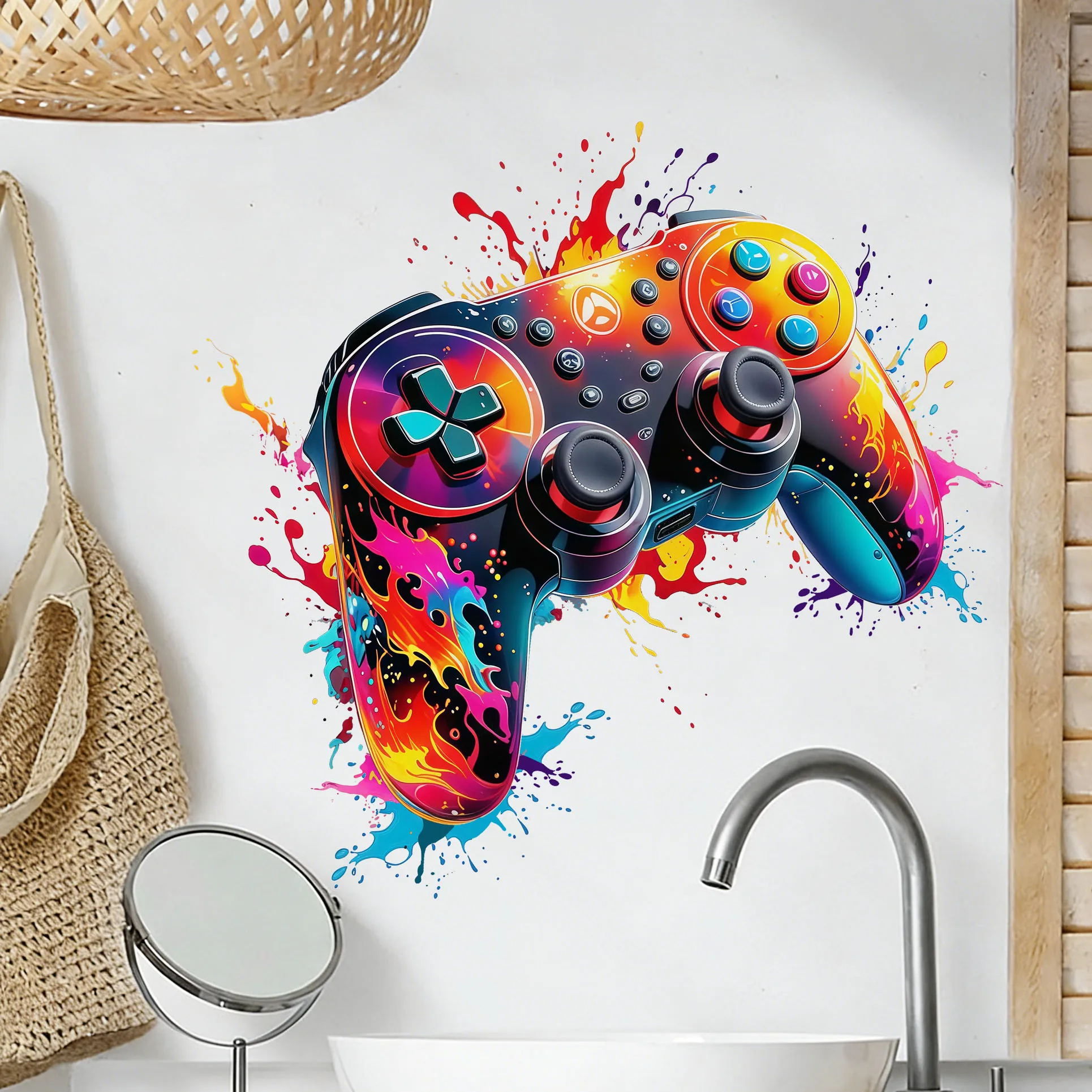 Red Flame Game Controller Wall Decal for Bedroom Gaming Room Decor PlayStation Xbox Game Console Accessory