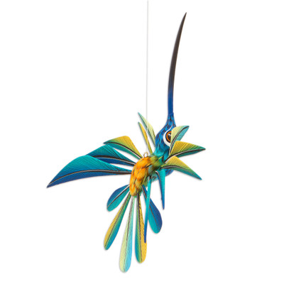 Blue Hummingbird,'Blue Hummingbird Alebrije Hanging Sculpture from Mexico'