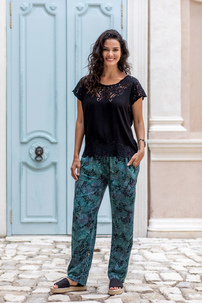 'Hand-Stamped Batik Rayon Pants from Bali with Leaf Motif'