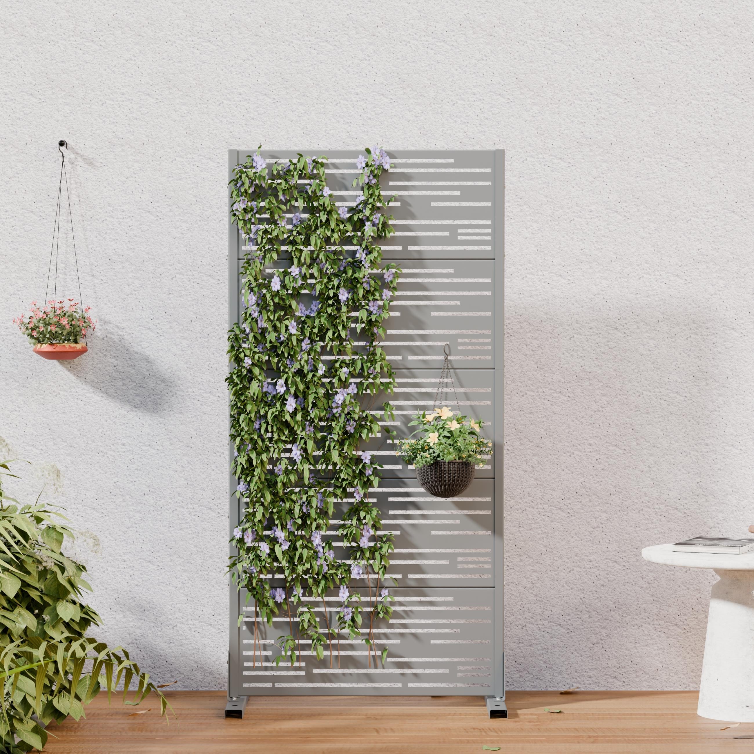 Outdoor Privacy Screen Metal Privacy Screen with Stand Freestanding Room Divider Decorative Privacy Fence with Slatted Design