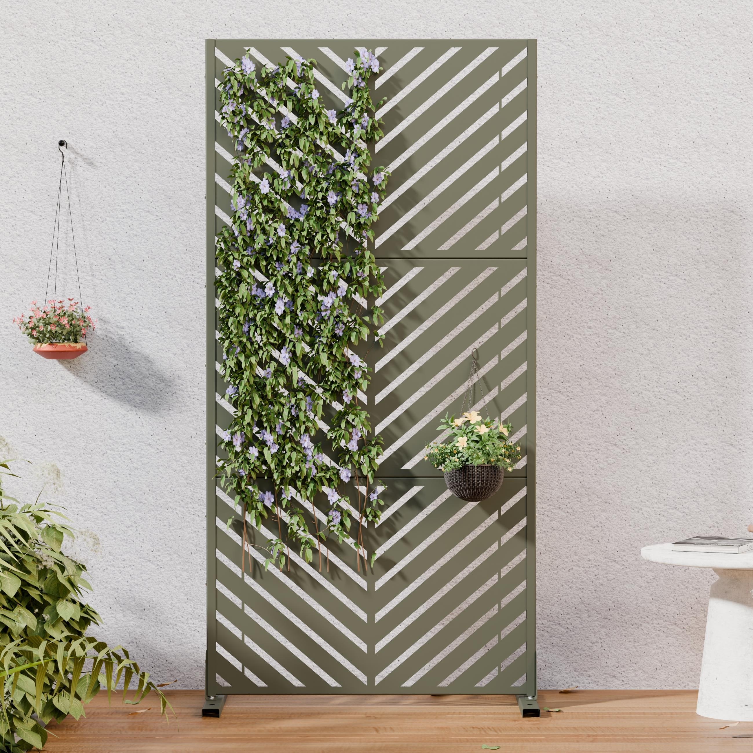 Outdoor Indoor Privacy Screen Freestanding Metal Privacy Fence with Stand Decorative V-Shaped Cutout Privacy Panel