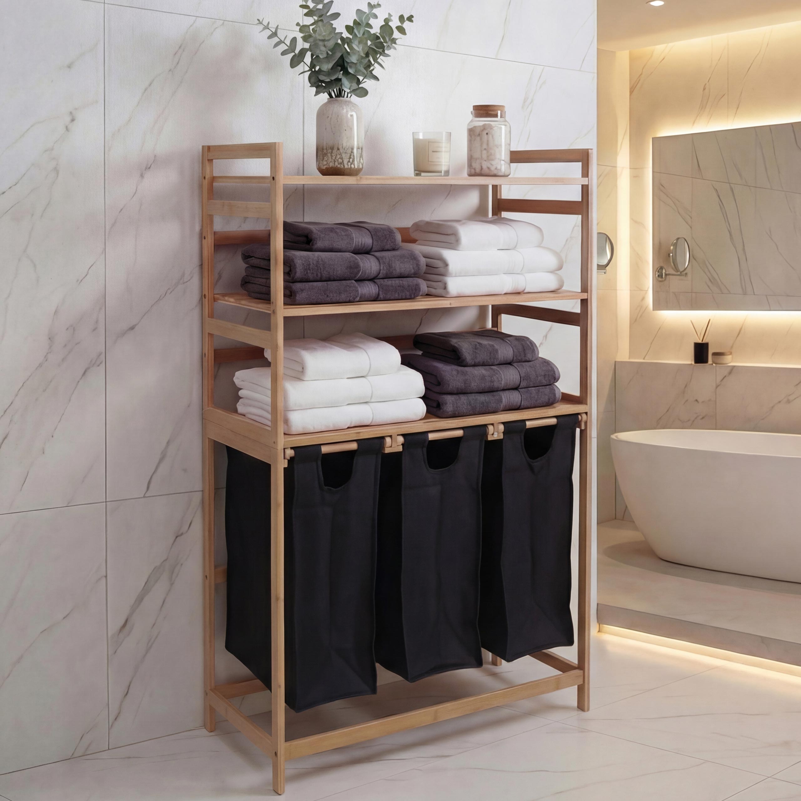 Bambus Wäschesammler HWC-P78, Wäschesortierer Wäschekorb Regal Wäscheorganizer, 3 Ablagen FSC® 125x80x40cm 135L ~ schwarz