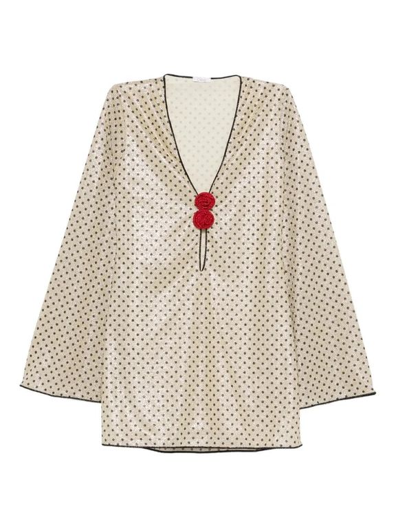 Polka-Dot Rose-Detail Beachwear - White - Oseree Beachwear