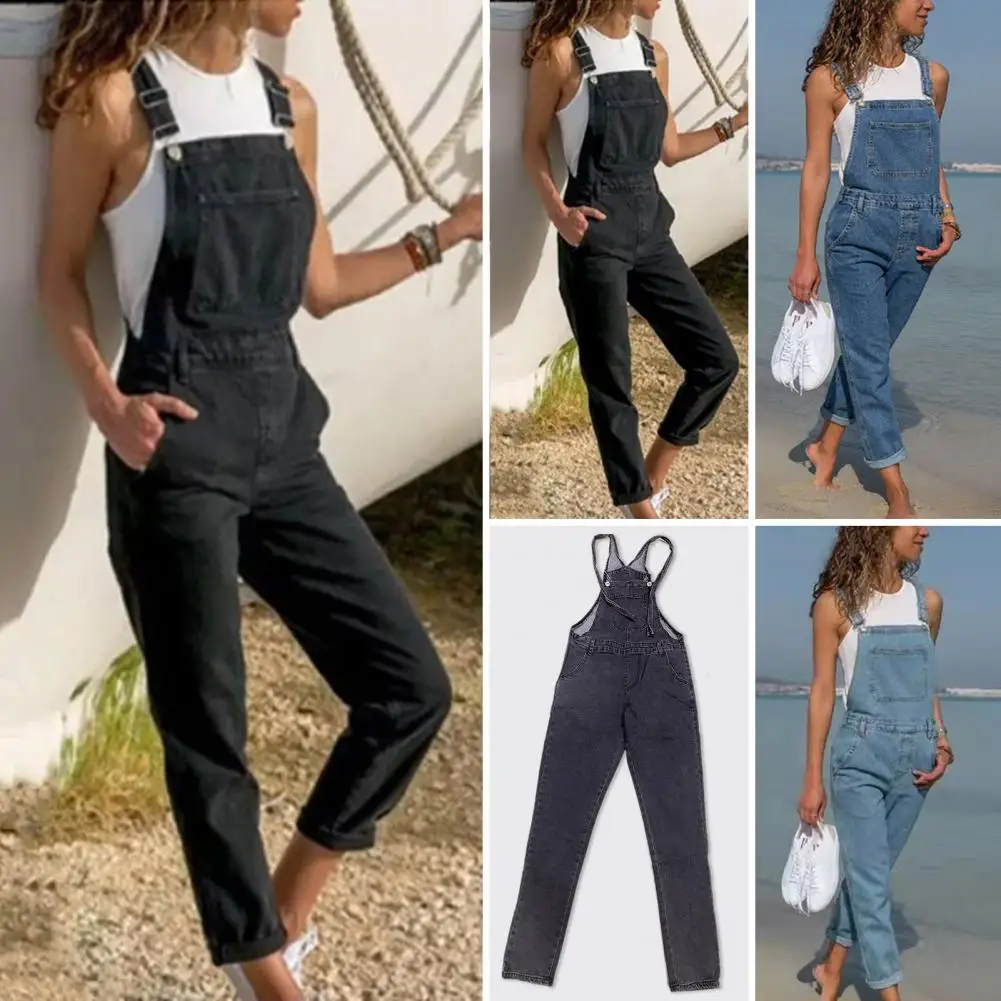 Tuta da donna in denim Tasche laterali Cinturino regolabile Tuta taglie forti Tuta da donna ampia senza schienale con collo quadrato senza schienale kez