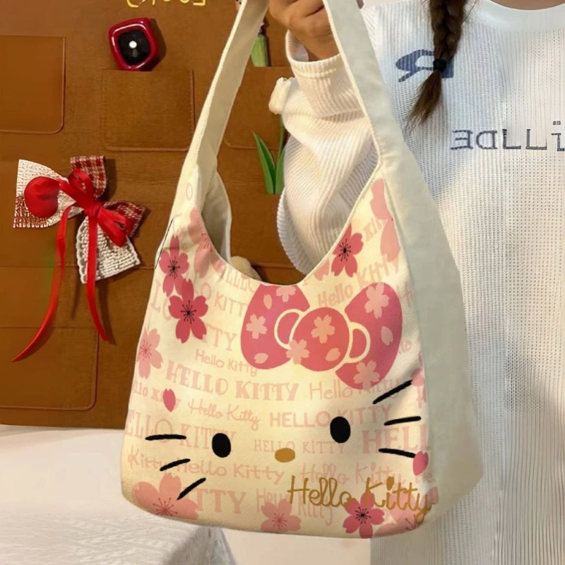 Nuove borse da donna Kitty, borsa Kawaii, graziosa borsa tote, borsa tote versatile in tela con disegni a cartoni animati, borsa a tracolla con disegni a cartoni animati