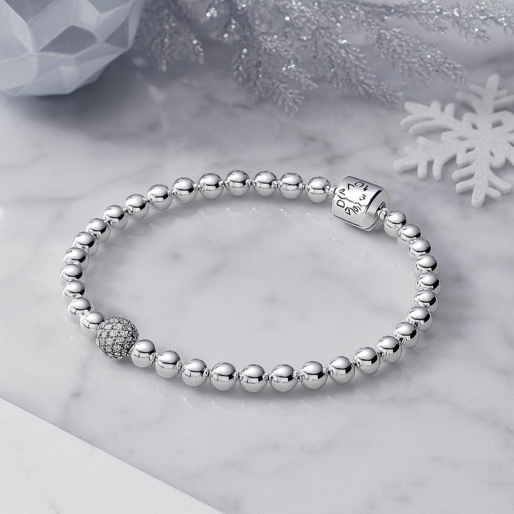 Bracciale con charm in stile Pandora Pavé in argento Sterling S925 / Bracciale con perline minimaliste / Gioielli eleganti per tutti i giorni / Regalo