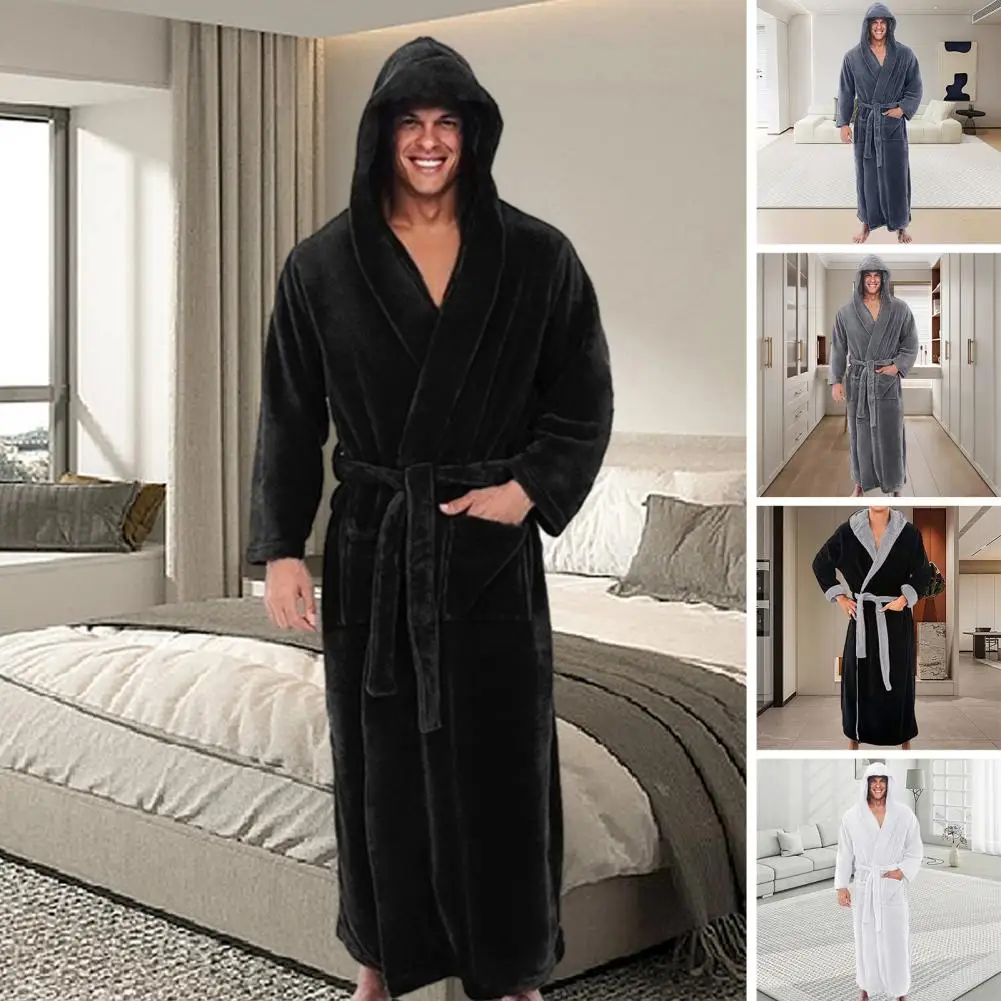 Plüsch Bademantel luxuriöser Herren Kapuzen bademantel mit verstellbarem Gürtel ultra weiche saugfähige männliche Robe mit Taschen Plüsch fest Image