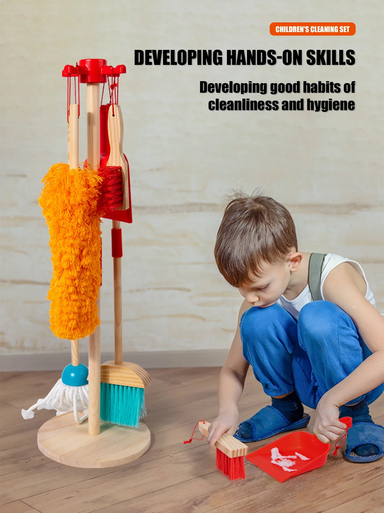 Montessori Holz Reinigungsset Spielzeug Besen Mopp Set Kleiner Junge Mädchen Simuliertes Kinder Reinigungswerkzeug Übung Selbstpflegefähigkeit Image