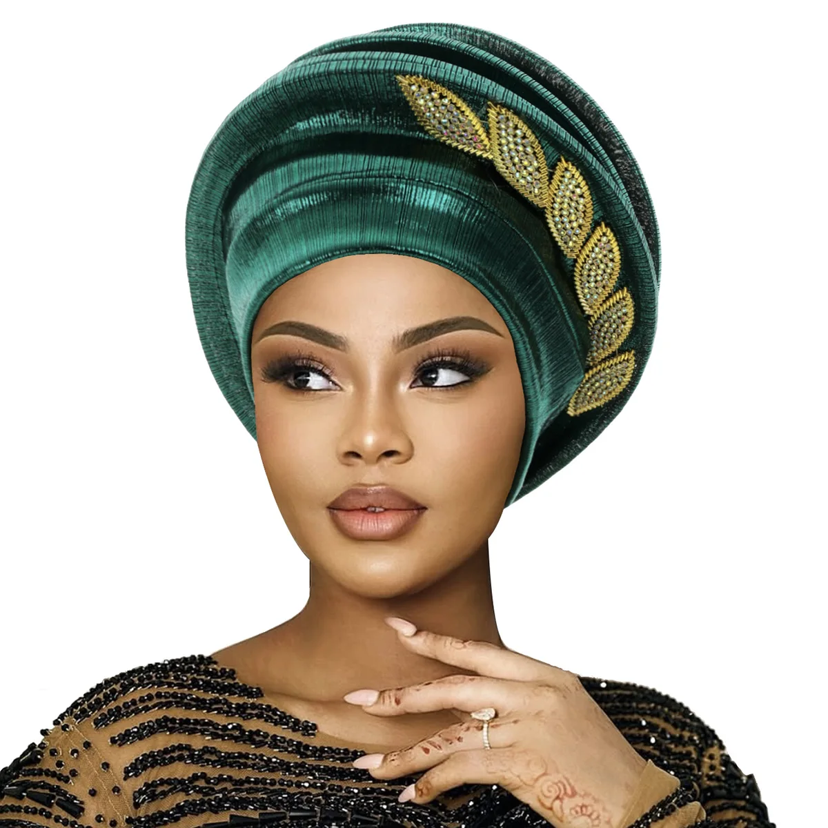 Blätter Diamanten Spirale Baskenmütze Turbane für Frauen Afrikanische Dame Kopf Wraps Weibliche Berets Turban Nigeria Kopfschmuck Hochzeit Party Gele Image