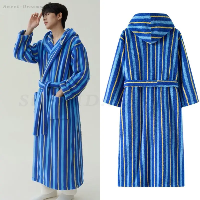 Männer Gestreiften Robe Nachthemd Korallen Fleece Dicken Mit Kapuze Bademantel Kimono Kleid Lose Casual Hause Tragen Winter Neue Warme Nachtwäsche Image