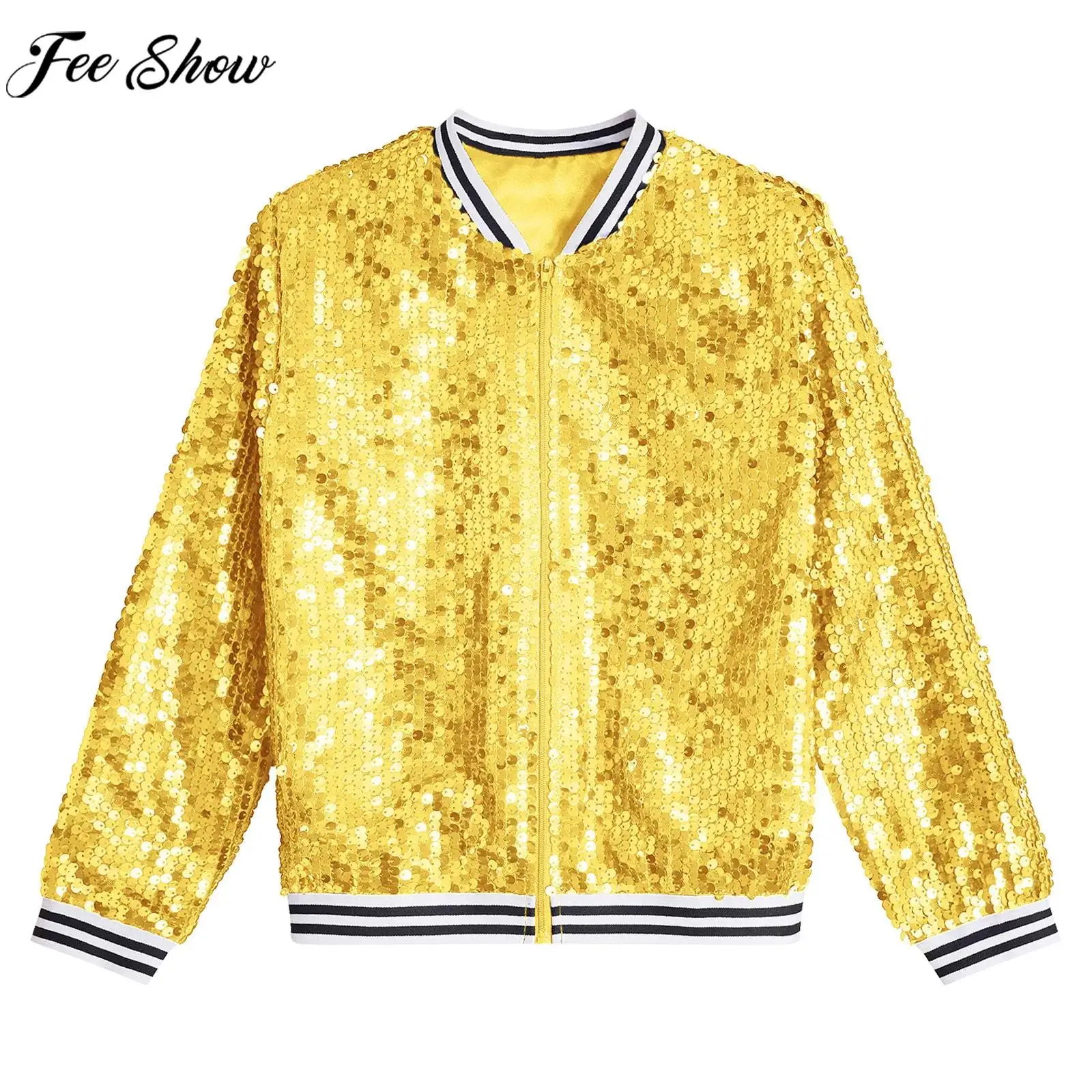 6-16Y Kinder Mädchen Hip Hop Jazz Street Dance Cheerleading Performance Oberbekleidung Langarm Reißverschluss Pailletten Jacke Baseball Mantel