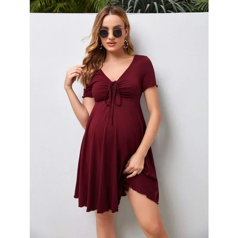Mutterschaft Kleider Sommer Reine Farbe V-ausschnitt Frauen Kleid Lose Plus Größe Schwangere Röcke Casual Kleidung 2024 Neue Heiße