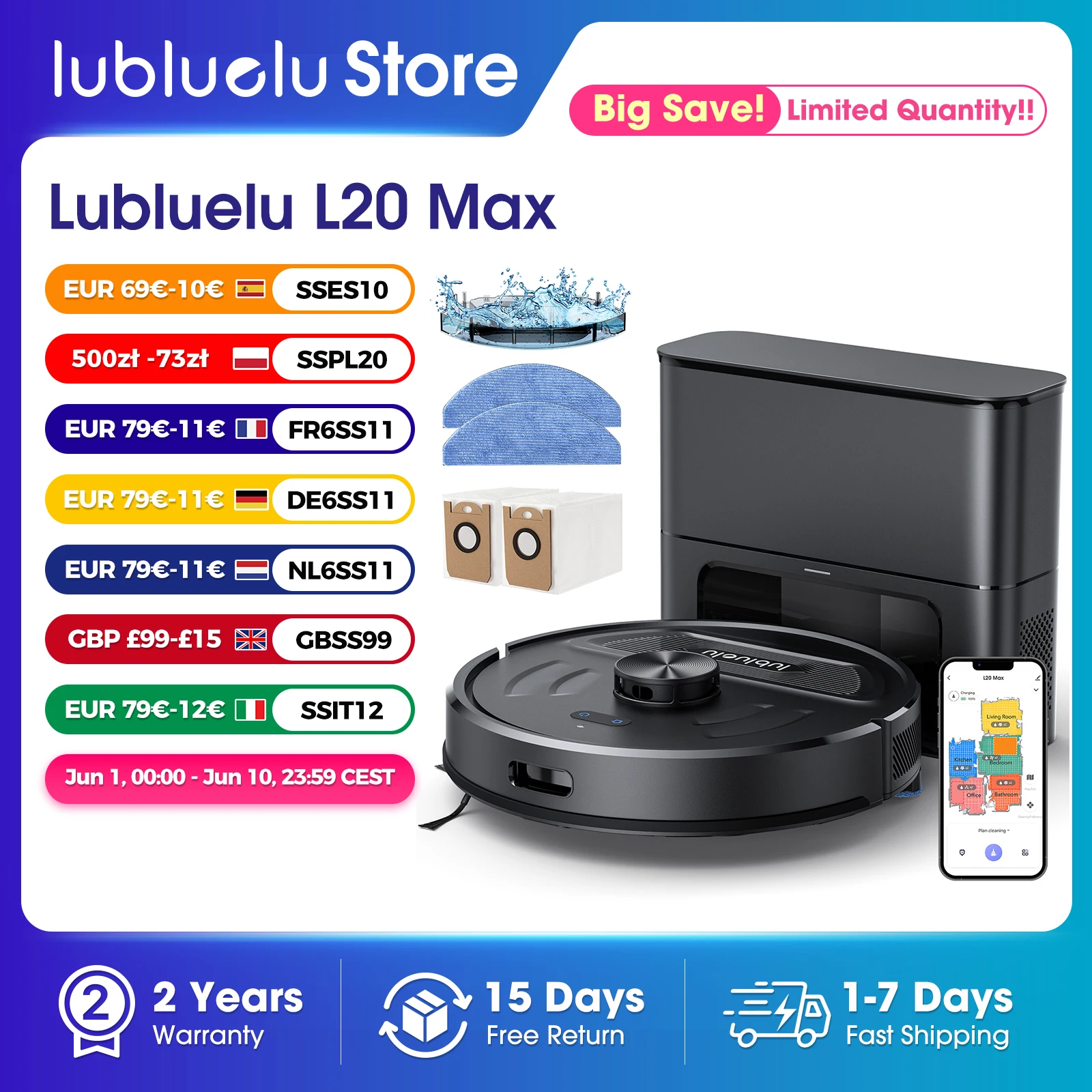 Lubluelu L20Max Selbstentleerender 3-in-1-Roboter-Staubsauger – 6000 Pa Saugleistung, LiDAR-Navigation, großer Staubbeutel, freihändig, 120 Minuten Laufzeit Image