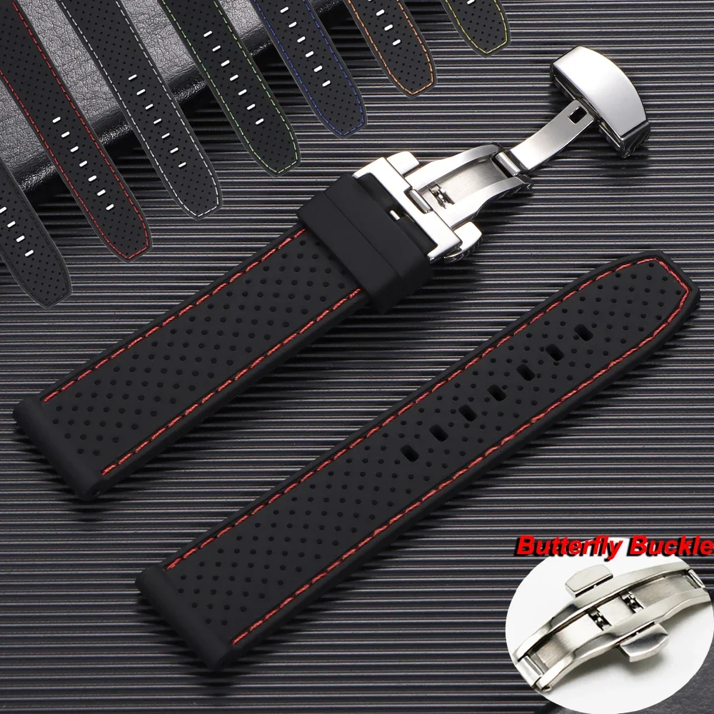 20 mm 22 mm Premium-Silikon-Uhrenarmband mit Schmetterlingsschnalle, wasserdicht, weiches Kautschukarmband, atmungsaktives Ersatz-Universaluhr Image