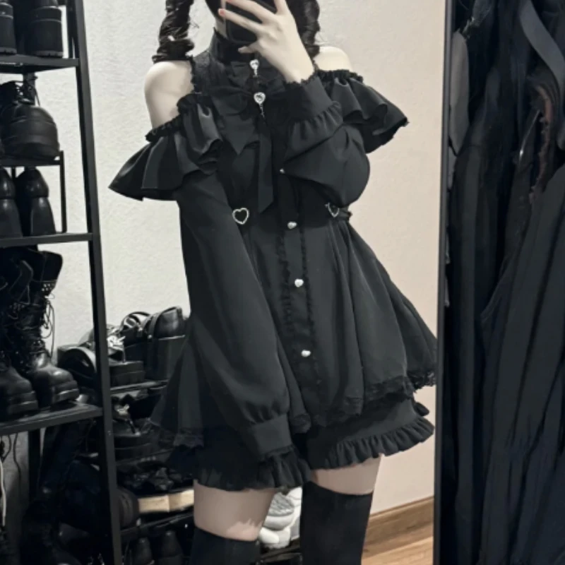 Japanische Gothic Y2k Lolita Stil Bogen Kleid Shorts Set Frauen Spitze Rüschen Off Schulter Taste Shirts Kleid Süße Schlanke Party Kleid Image