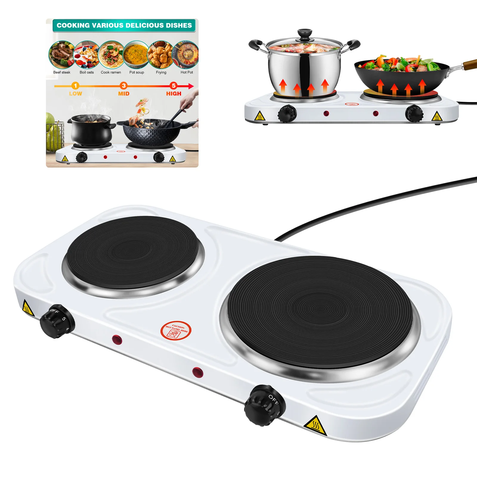 1500 W elektrisches Kabelkochfeld, doppelte Kochplatte, 2-Ring-Elektrobrenner mit variablen Wärmeinstellungen, Tisch-Elektroherd, Camp