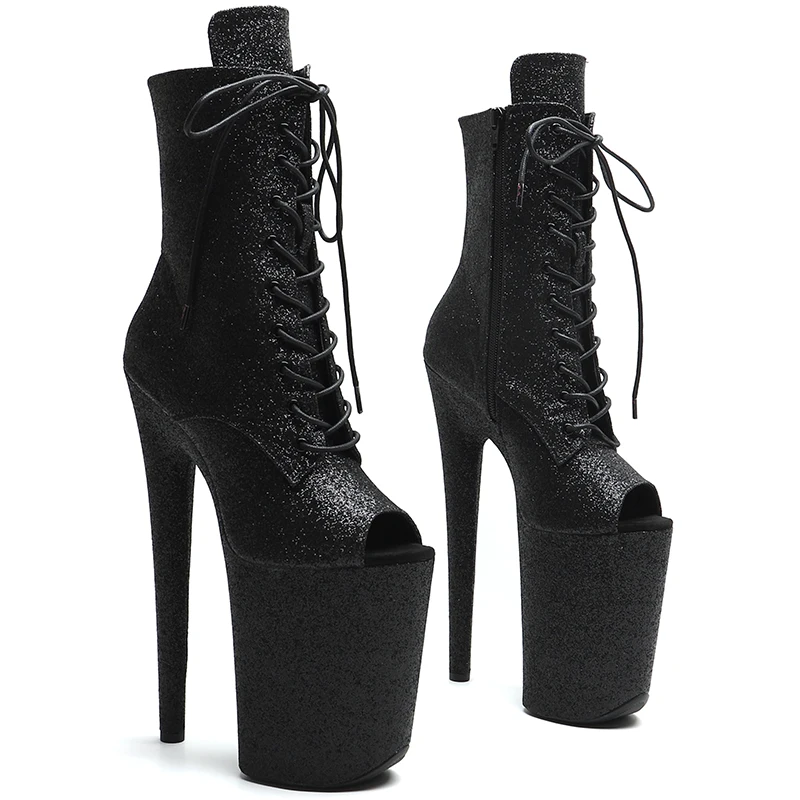 Leecabe 23 cm/9 Zoll Glitzer-Stiefel mit offener Spitze, trendige Mode-Absatzstiefel, Stripper-Plateau-Stiefel mit hohem Absatz, Pole-Dance-Stiefel