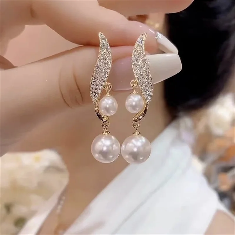 2023 neue Klassische Elegante Imitation Doppel Perle Baumeln Ohrringe Für Frauen Kristall Lange Quaste Tropfen Ohrring Hochzeit Schmuck Geschenke Image